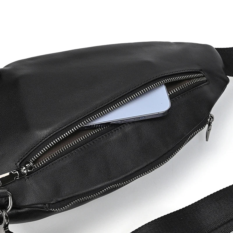 Mans 100% Genuine Leather Sling Bag Men Messenger Bags for Men Black Chest Bags for Phone Casual Sport Shoulder Bag