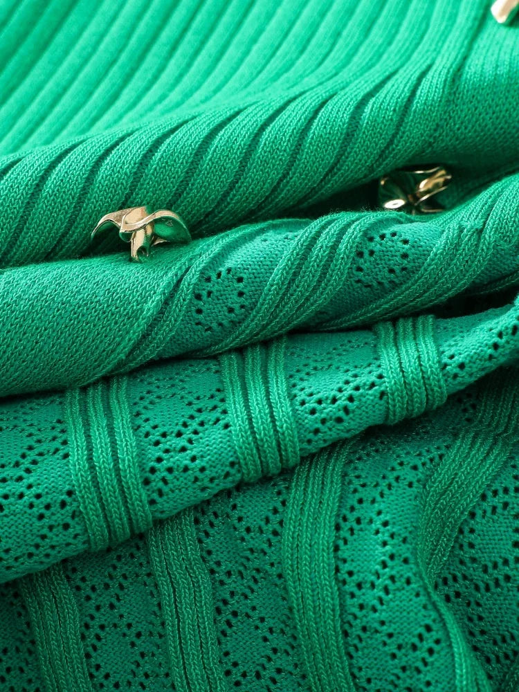 Summer 2024 New Women's Black Beige Single Breasted Knitted Long Dress Green Elegant Office Lady Short Sleeve Pleated Dress Chic