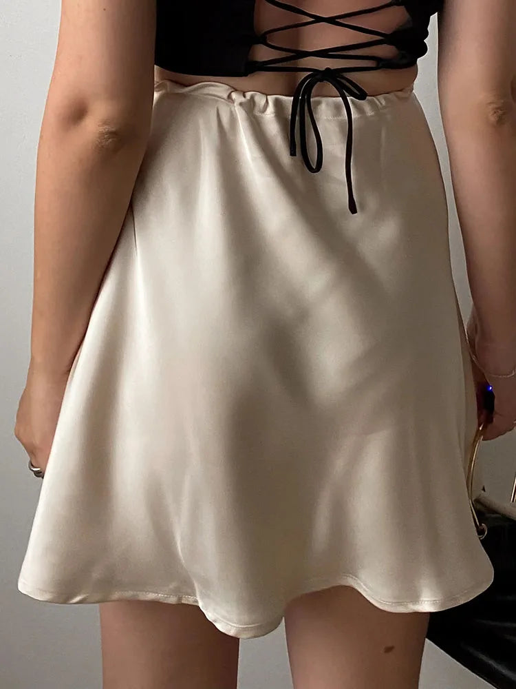 Satin Mini Skirts Women Summer Beige Silk Short Skirt For Woman Drawstring High Waist Black Satin Skirt A Line Women Short 2026
