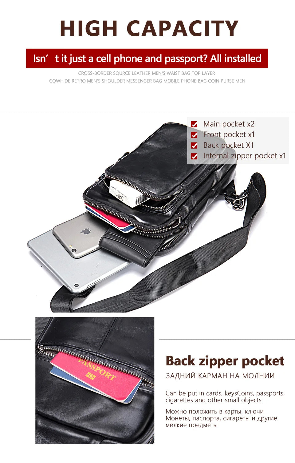 Mans 100% Genuine Leather Sling Bag Men Messenger Bags for Men Black Chest Bags for Phone Casual Sport Shoulder Bag