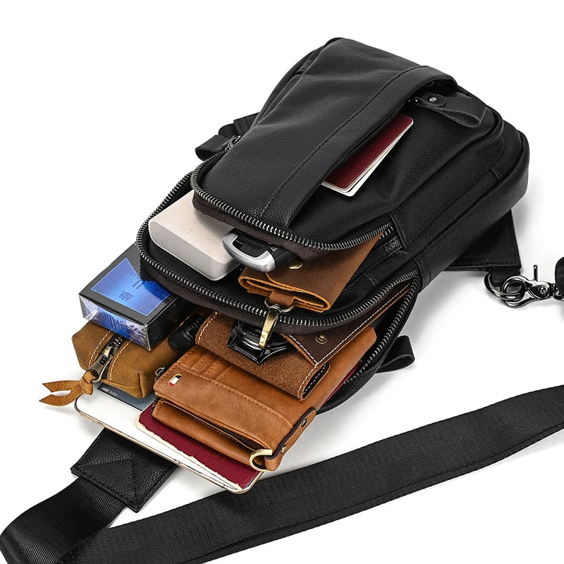 Mans 100% Genuine Leather Sling Bag Men Messenger Bags for Men Black Chest Bags for Phone Casual Sport Shoulder Bag