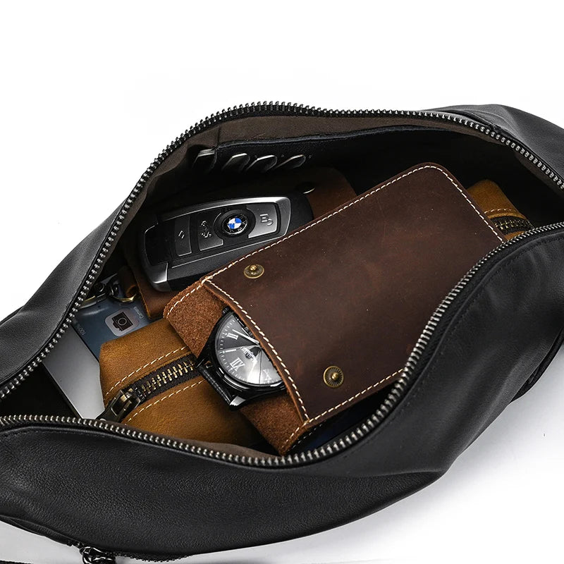 Mans 100% Genuine Leather Sling Bag Men Messenger Bags for Men Black Chest Bags for Phone Casual Sport Shoulder Bag