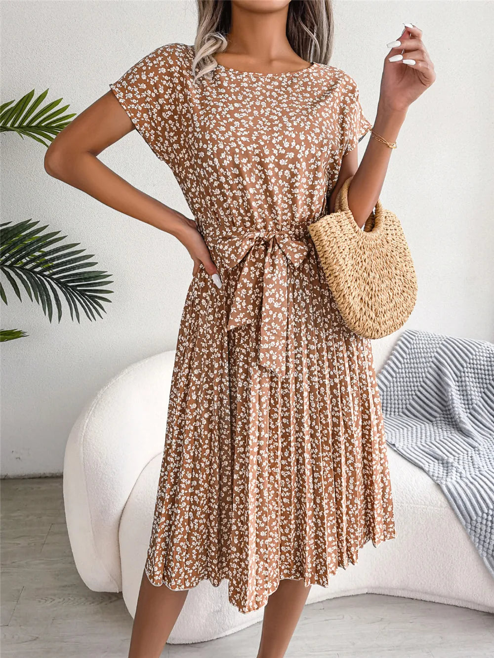 Women's Floral Pleated A Line Long Dress, Short Sleeve, High Waist, Chic, Spring, Summer