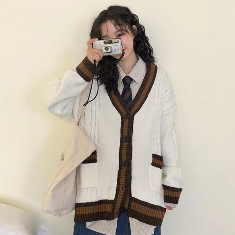 New Preppy Style Japan Cardigan Women Vintage Patchwork Knitted Sweaters Simple Schoolgirls Ulzzang Baggy Fashion All-match Chic