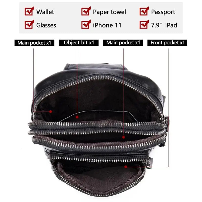 Mans 100% Genuine Leather Sling Bag Men Messenger Bags for Men Black Chest Bags for Phone Casual Sport Shoulder Bag
