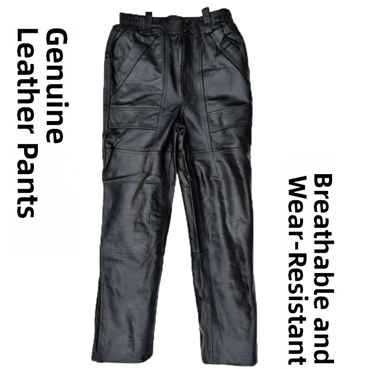 Leather Motorcycle Pants Men's Sheepskin Top Layer Loose Casual Trousers Autumn Winter High Waist Deep Crotch Business Scenarios