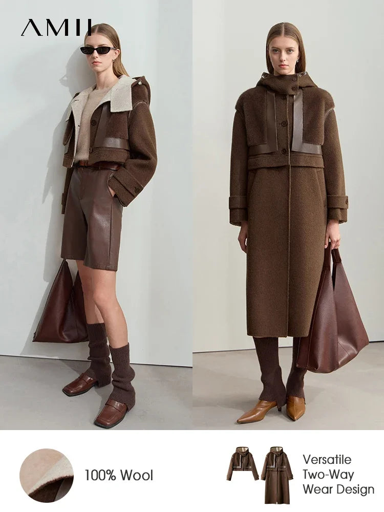 Amii Minimalist 2025 Winter Women's Jacket Hooded Splicing Zipper PU Leather Loose Long Coat Two Wear Wool Coats 12444138