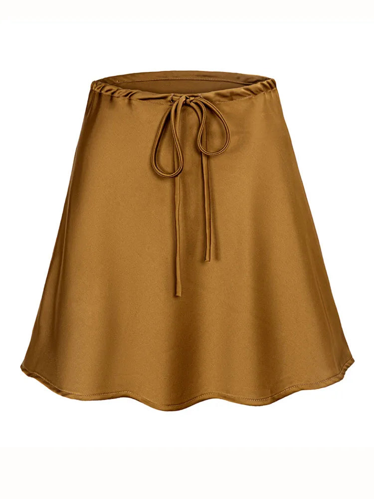 Satin Mini Skirts Women Summer Beige Silk Short Skirt For Woman Drawstring High Waist Black Satin Skirt A Line Women Short 2026