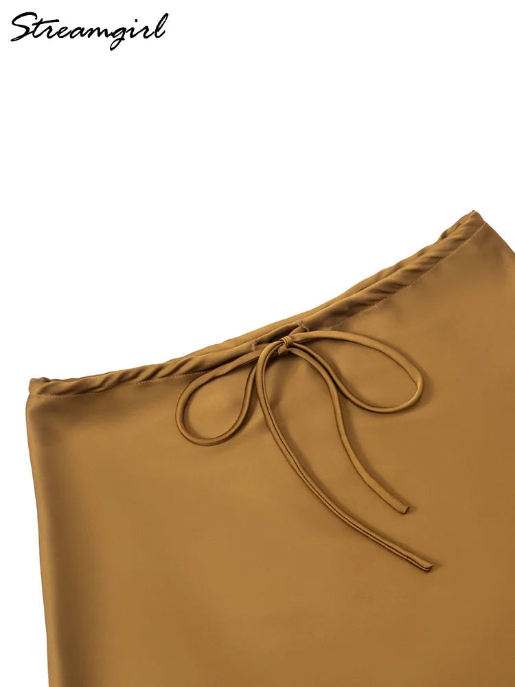 Satin Mini Skirts Women Summer Beige Silk Short Skirt For Woman Drawstring High Waist Black Satin Skirt A Line Women Short 2026
