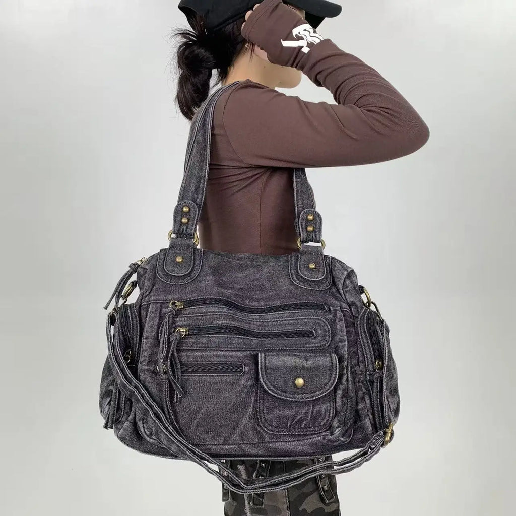 Y2K Street Personalized Women's Multi Pocket Shoulder Bag Large Capacity Retro Motorcycle Tote Bag