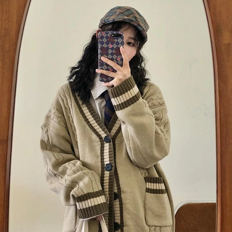 New Preppy Style Japan Cardigan Women Vintage Patchwork Knitted Sweaters Simple Schoolgirls Ulzzang Baggy Fashion All-match Chic