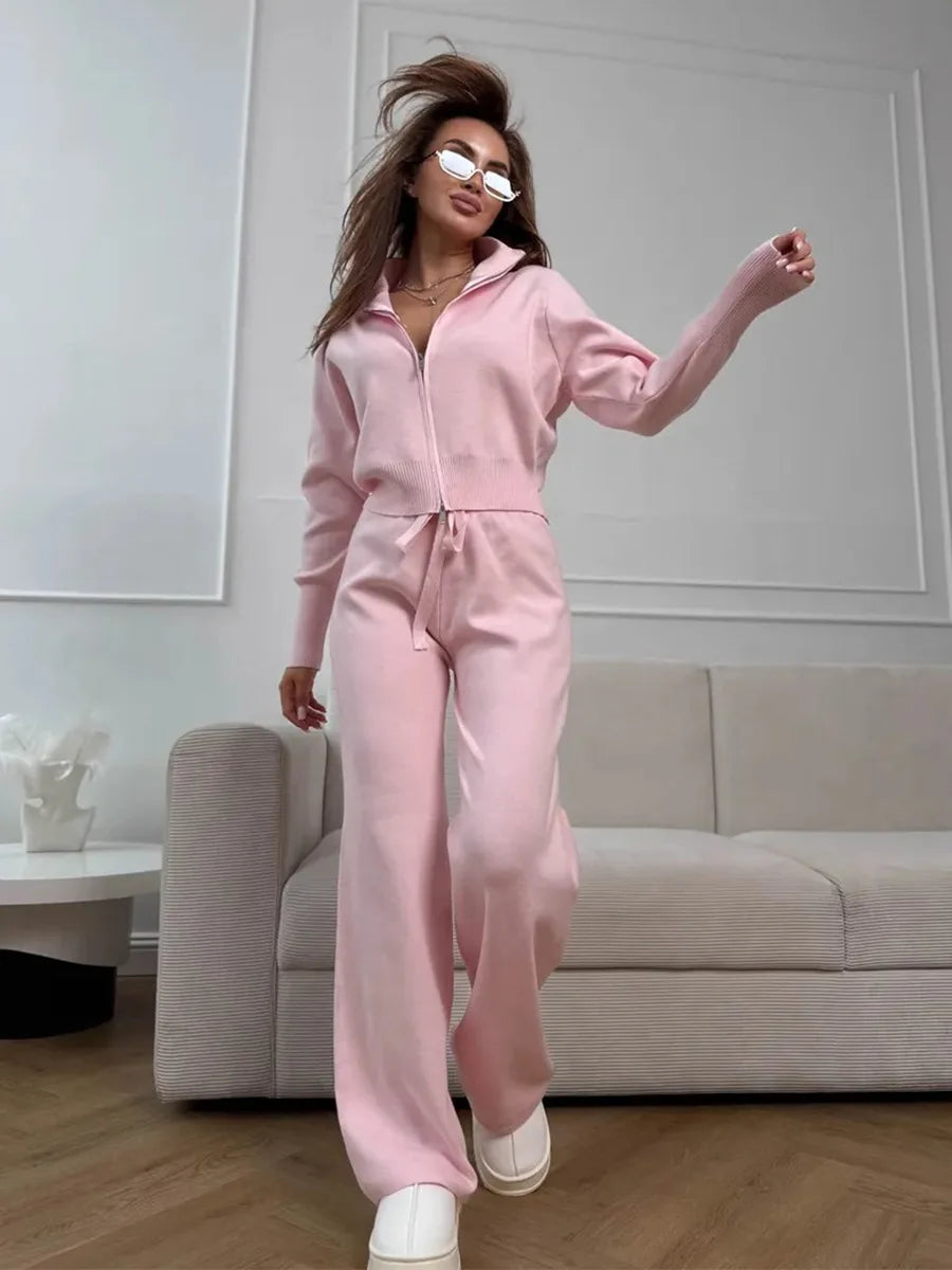 Bornladies Women's New Knit Zip Up Cardigan Wide Leg Pants Set Soft Fabric Cropped Elastic Waist Autumn Winter Fashion Sweater