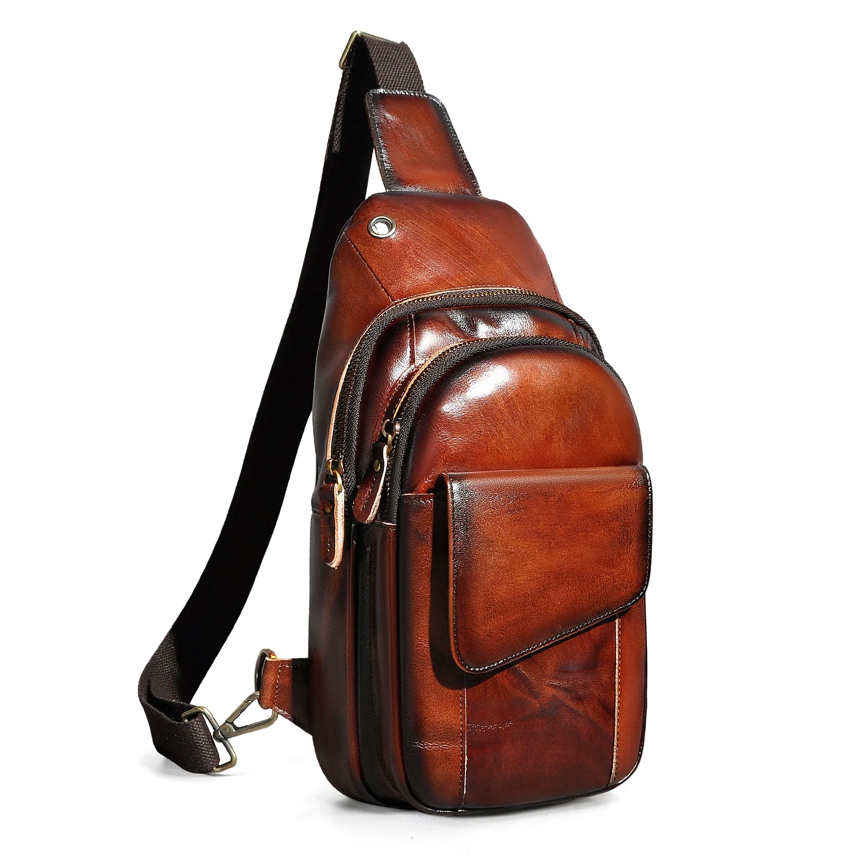 Men Quality Cow Leather Casual Fashion Triangle Crossbody Chest Sling Bag Design Travel One Shoulder Bag Daypack Male 8013