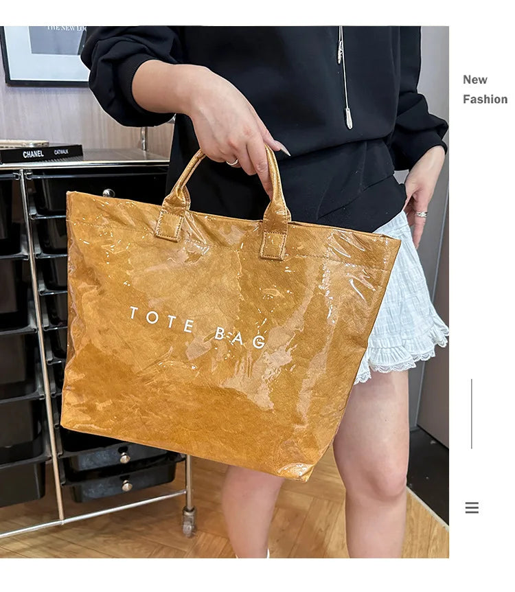 Retro tote bag waterproof DuPont paper shoulder bag fashionable commuting large capacity kraft paper handbag