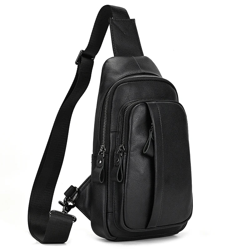 Mans 100% Genuine Leather Sling Bag Men Messenger Bags for Men Black Chest Bags for Phone Casual Sport Shoulder Bag