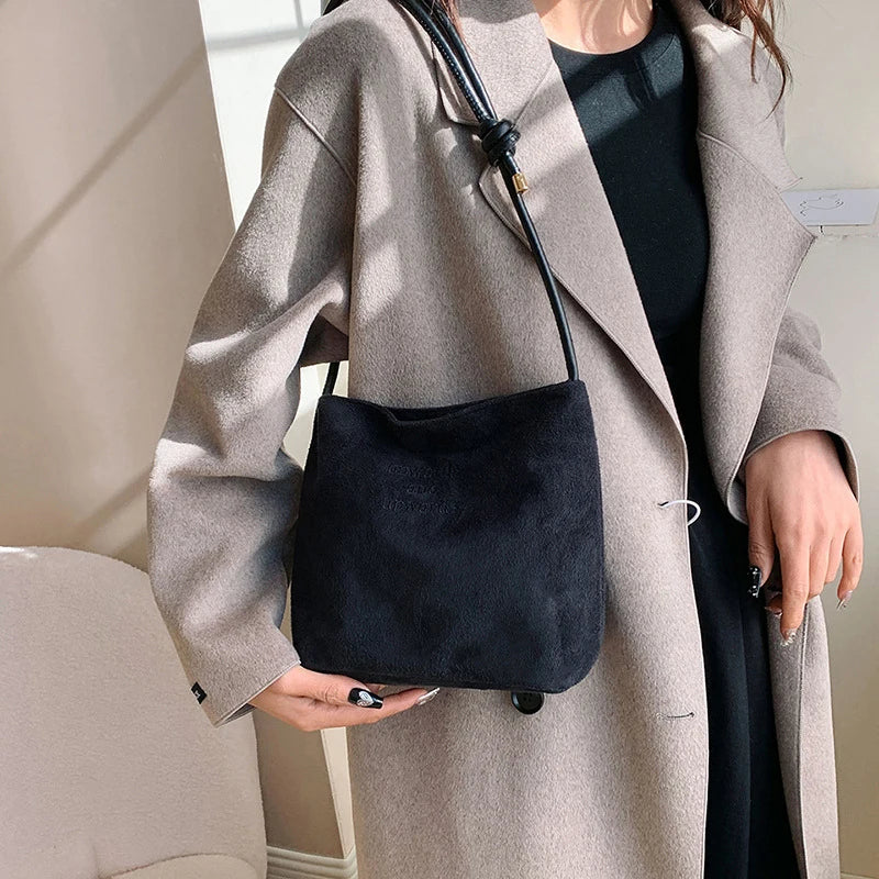 Suede Handbag Casual Rope Buckle Design Multicolor Shoulder Bag Adjustable Straps Tote Work Crossbody Bucket Bag
