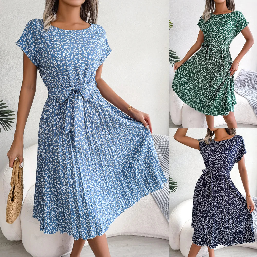 Women's Floral Pleated A Line Long Dress, Short Sleeve, High Waist, Chic, Spring, Summer
