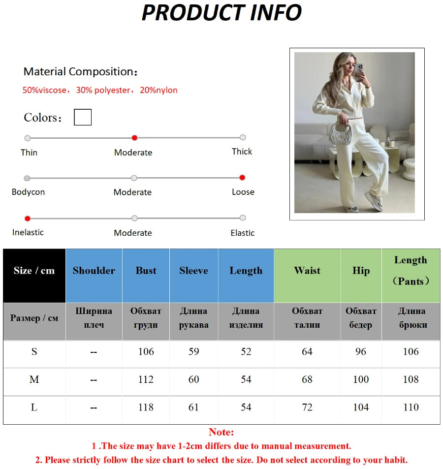 Bornladies Women's New Knit Zip Up Cardigan Wide Leg Pants Set Soft Fabric Cropped Elastic Waist Autumn Winter Fashion Sweater
