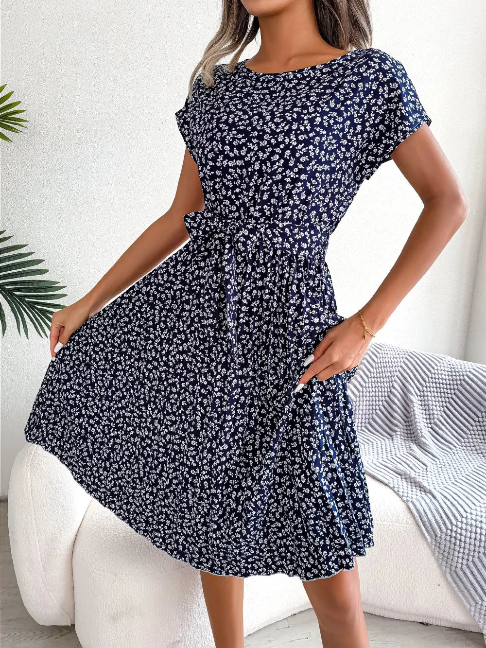 Women's Floral Pleated A Line Long Dress, Short Sleeve, High Waist, Chic, Spring, Summer