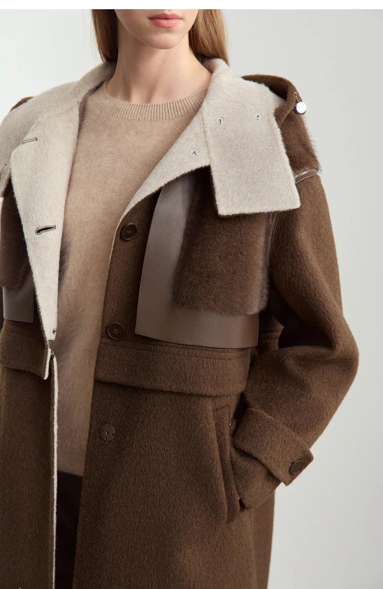 Amii Minimalist 2025 Winter Women's Jacket Hooded Splicing Zipper PU Leather Loose Long Coat Two Wear Wool Coats 12444138