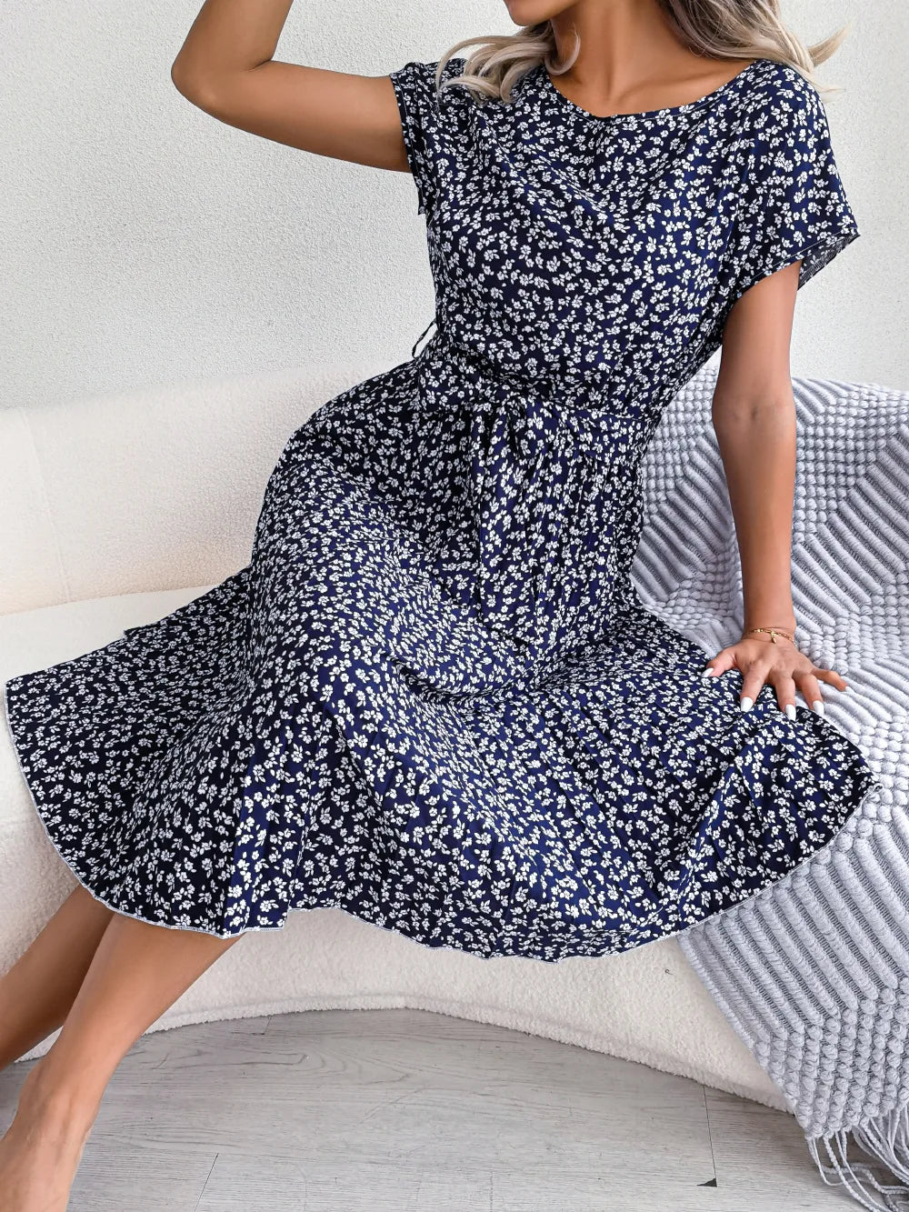 Women's Floral Pleated A Line Long Dress, Short Sleeve, High Waist, Chic, Spring, Summer