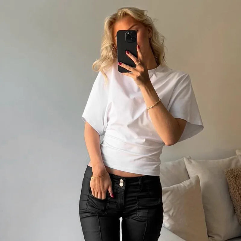 2025 casual solid color simple top round neck short sleeved women's T-shirt