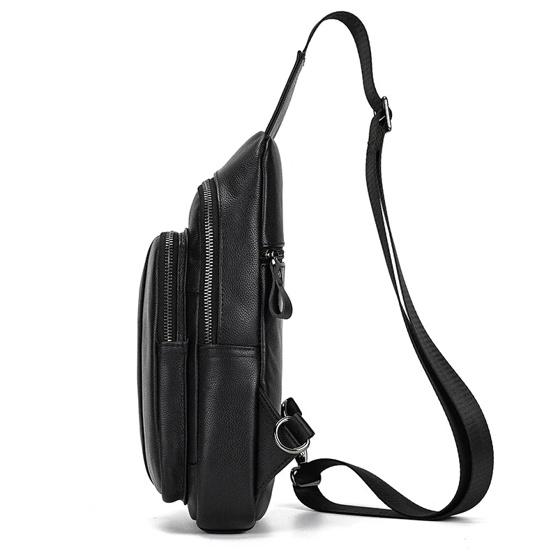 Mans 100% Genuine Leather Sling Bag Men Messenger Bags for Men Black Chest Bags for Phone Casual Sport Shoulder Bag