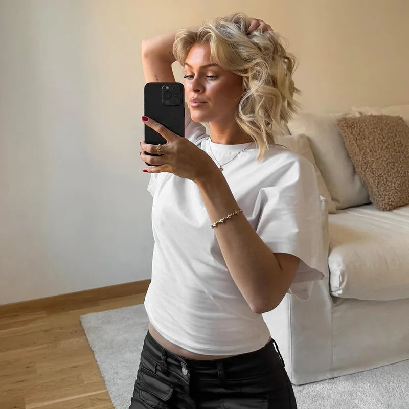 2025 casual solid color simple top round neck short sleeved women's T-shirt