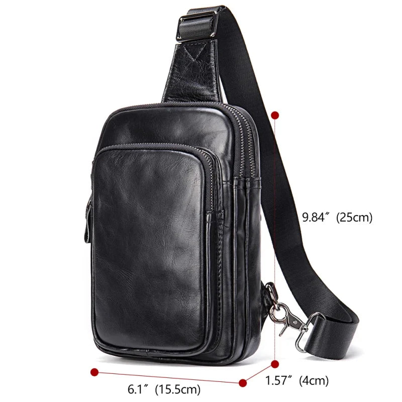 Mans 100% Genuine Leather Sling Bag Men Messenger Bags for Men Black Chest Bags for Phone Casual Sport Shoulder Bag
