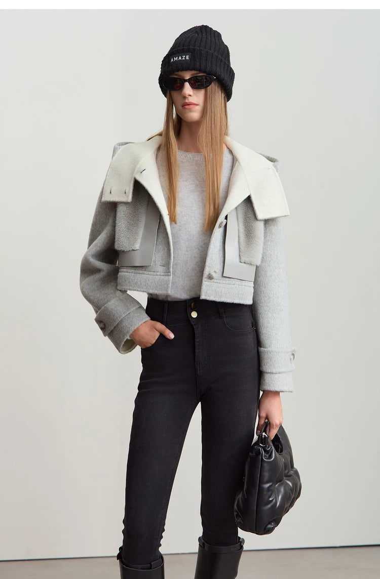 Amii Minimalist 2025 Winter Women's Jacket Hooded Splicing Zipper PU Leather Loose Long Coat Two Wear Wool Coats 12444138