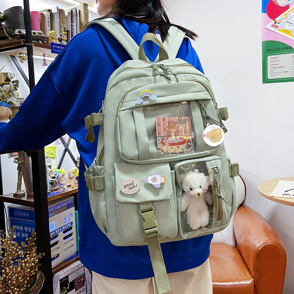 Woman Backpack Fashion College Student Rucksack Nylon with Plush Pendant Pin Kawaii Large Capacity Japanese Style for Teen Girls