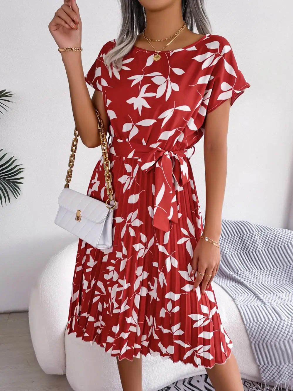 Women's Floral Pleated A Line Long Dress, Short Sleeve, High Waist, Chic, Spring, Summer