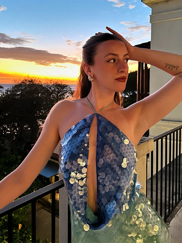 Halter Sequin Short Dress Color Patchwork Hollow Out Hanging Neck Socialite Gown Sexy Backless Slim Fit Beach Beaded Dresses New