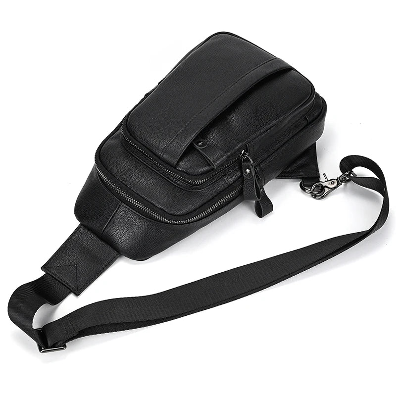 Mans 100% Genuine Leather Sling Bag Men Messenger Bags for Men Black Chest Bags for Phone Casual Sport Shoulder Bag