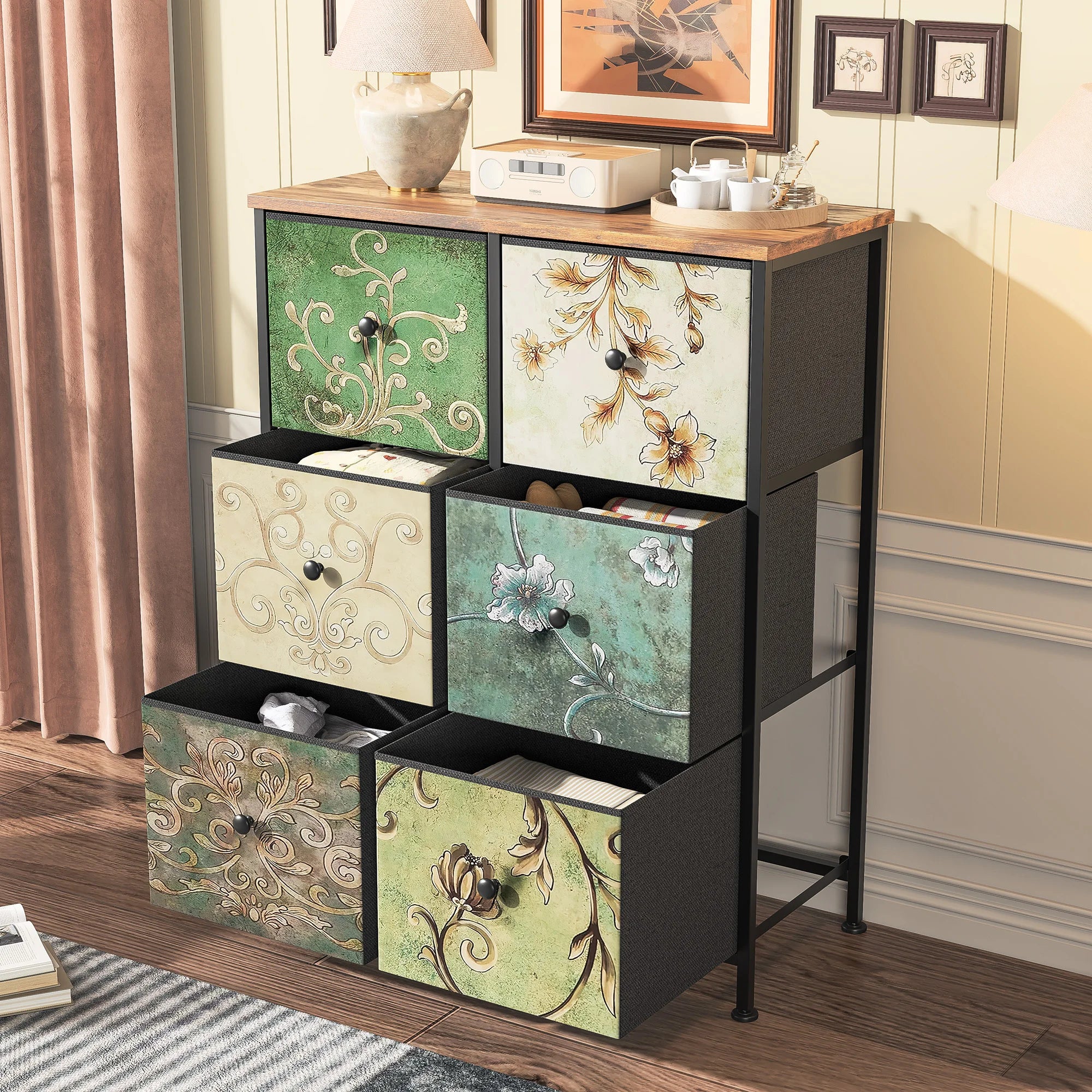 Rosahqnda Vintage Cabinet with fabric Drawers TV Stand Chest of Drawers for Living Room Dining Room Bedroom Iron Frame