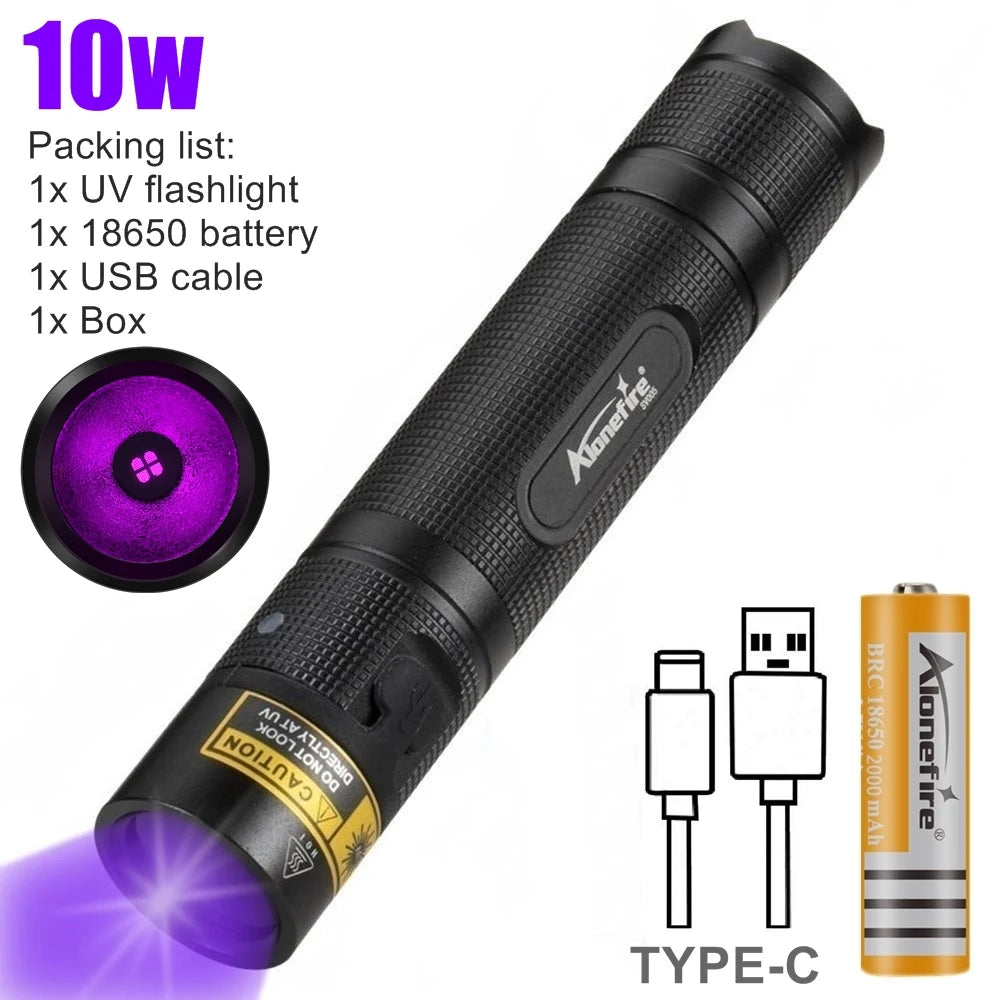 SV005 10W 365nm UV Flashlight USB Rechargeable Ultraviolet Invisible USB Torch Pet Urine Stains Ore Scorpion Detection Lamp