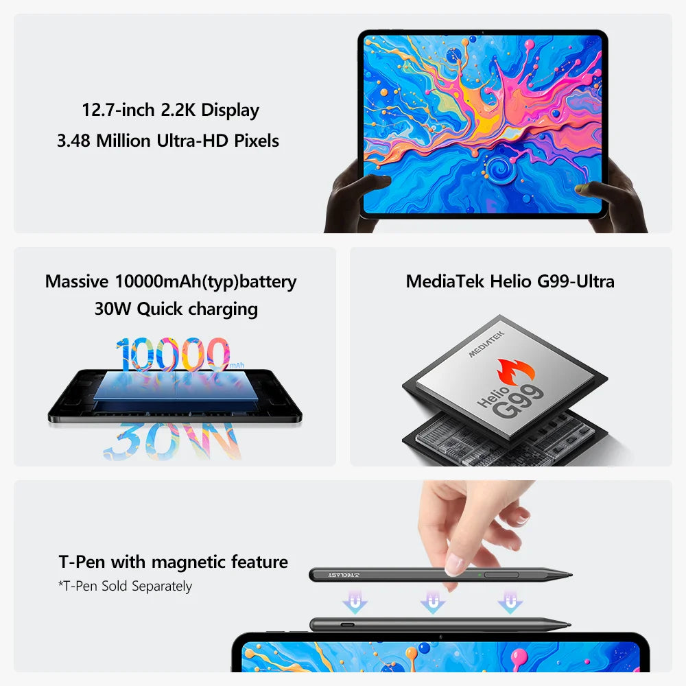 Teclast ArtPad Pro 12.7" 2.2K Display 8GB(+12G) 256GB MediaTek Helio G99 10000mAh 30W Android 15 Tablet PC 4G LTE Global Version