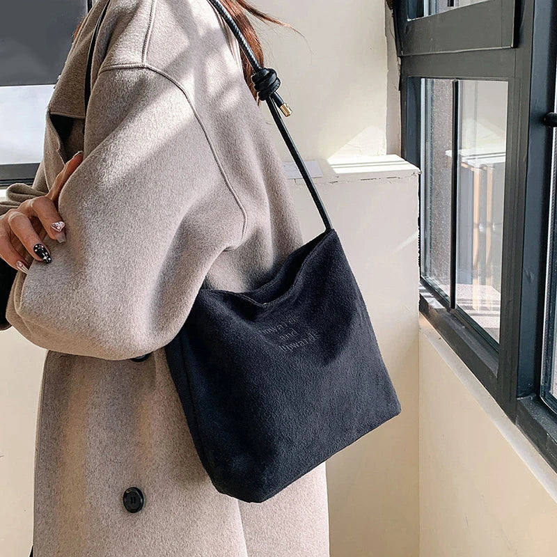 Suede Handbag Casual Rope Buckle Design Multicolor Shoulder Bag Adjustable Straps Tote Work Crossbody Bucket Bag