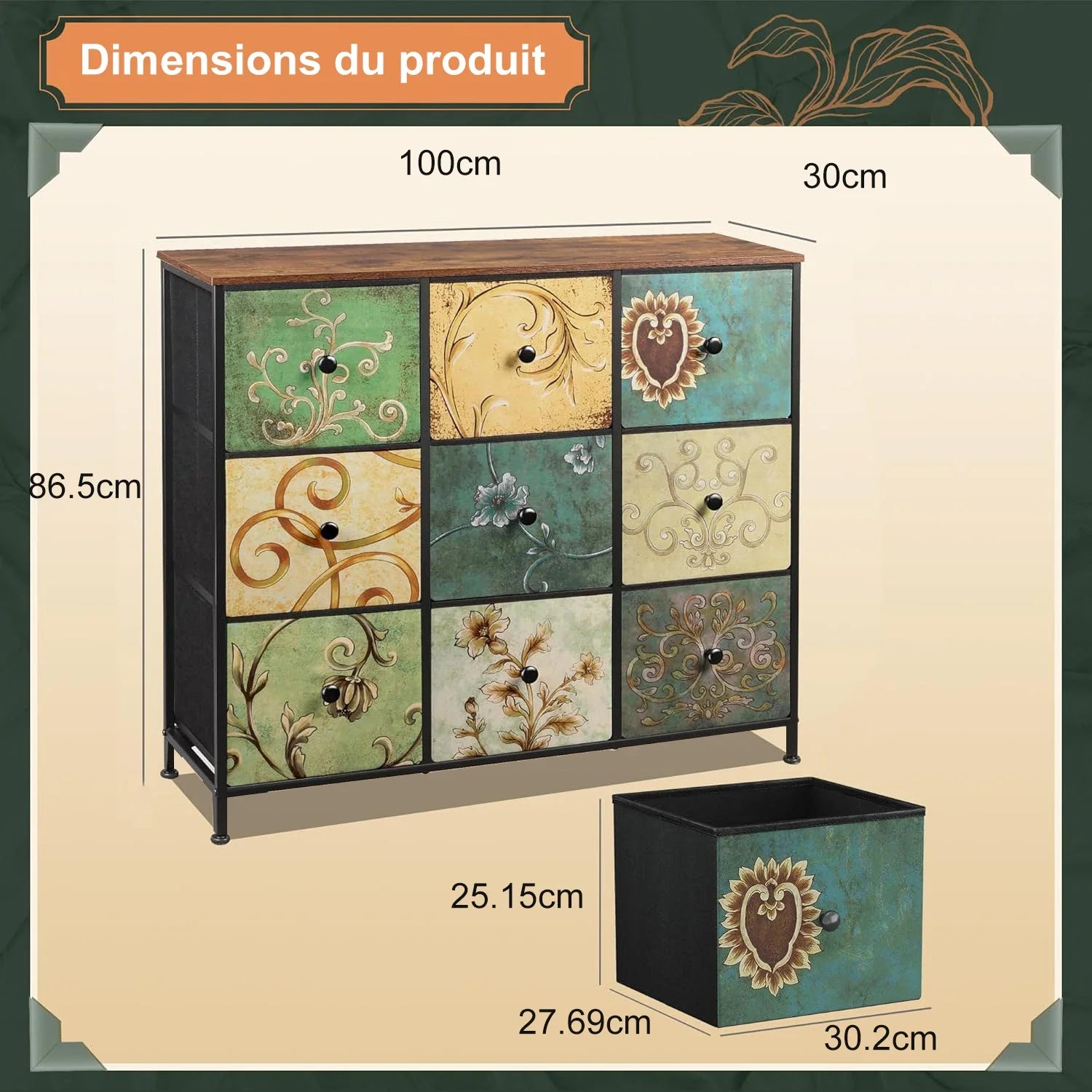 Rosahqnda Vintage Cabinet with fabric Drawers TV Stand Chest of Drawers for Living Room Dining Room Bedroom Iron Frame