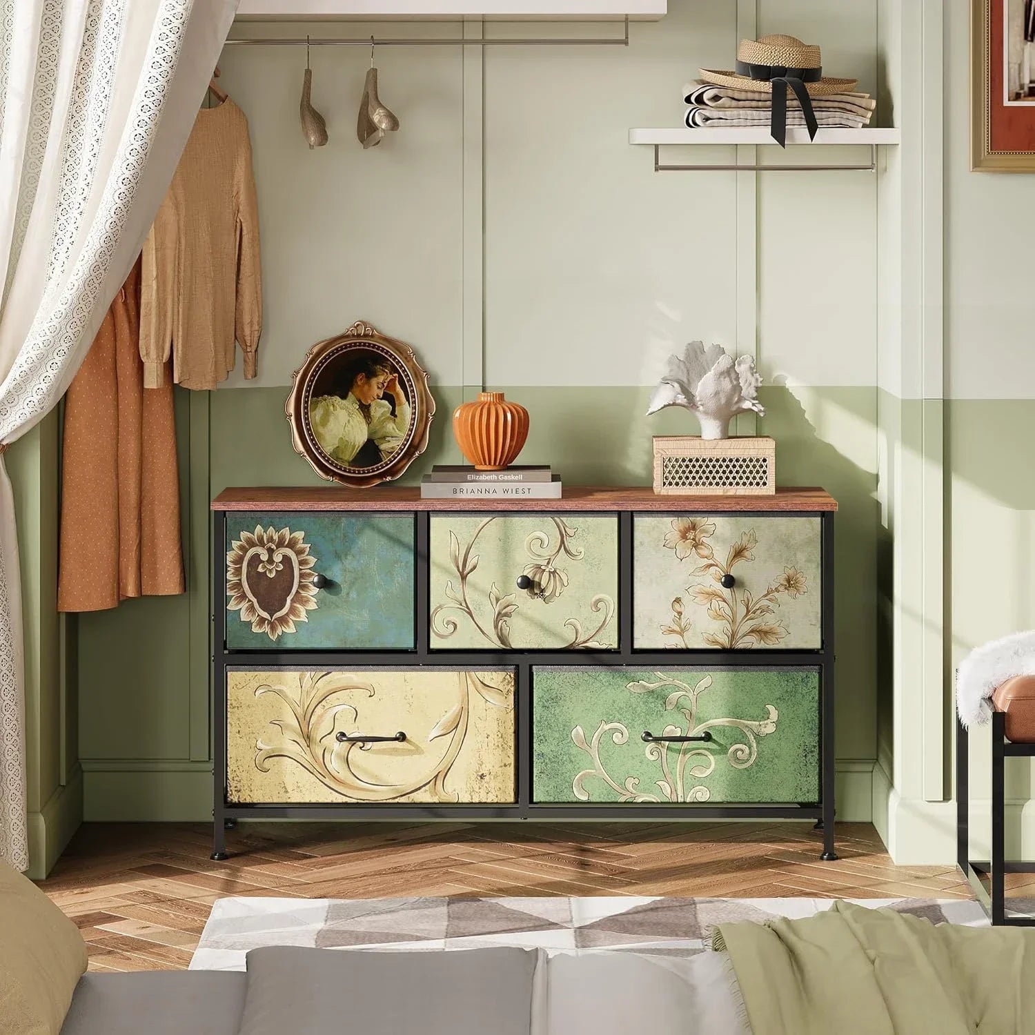 Rosahqnda Vintage Cabinet with fabric Drawers TV Stand Chest of Drawers for Living Room Dining Room Bedroom Iron Frame