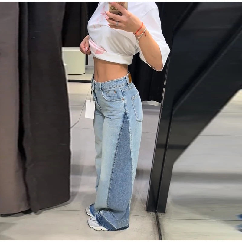 Chic Women's Side Patchwork Denim Jeans Pant High Waist Wide Leg Baggy Pants For Woman 2025 New Casual Daily Streetwear Trousers