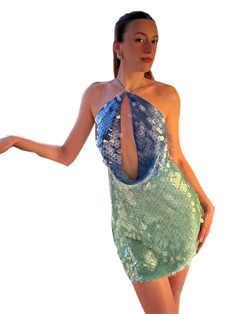 Halter Sequin Short Dress Color Patchwork Hollow Out Hanging Neck Socialite Gown Sexy Backless Slim Fit Beach Beaded Dresses New