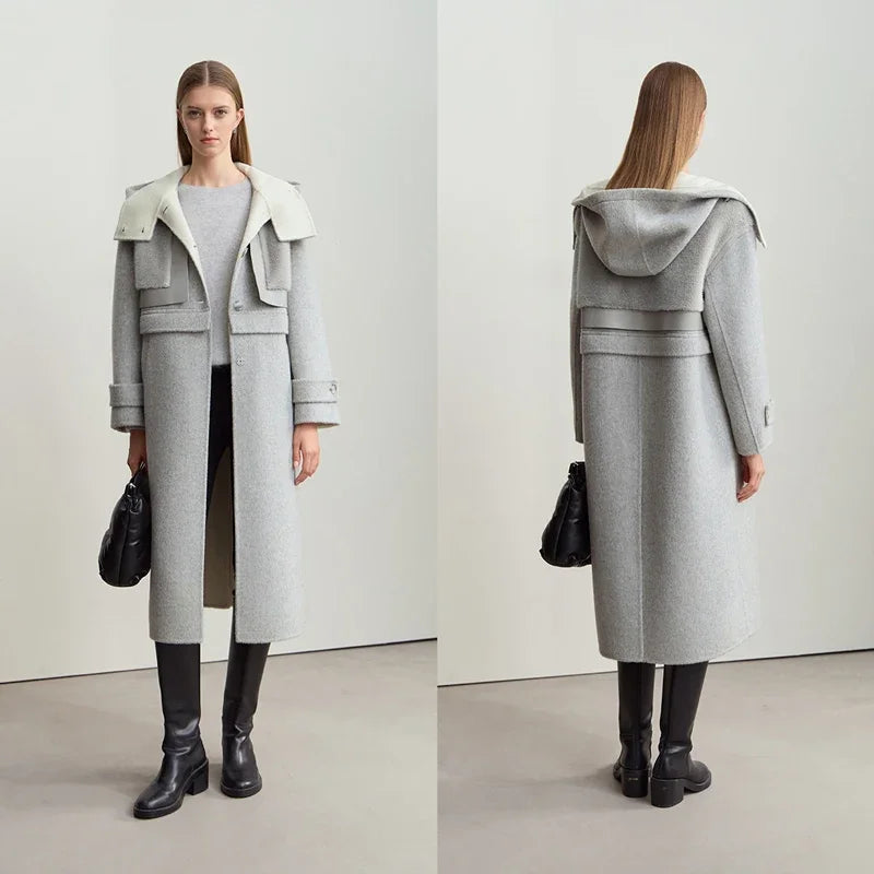 Amii Minimalist 2025 Winter Women's Jacket Hooded Splicing Zipper PU Leather Loose Long Coat Two Wear Wool Coats 12444138