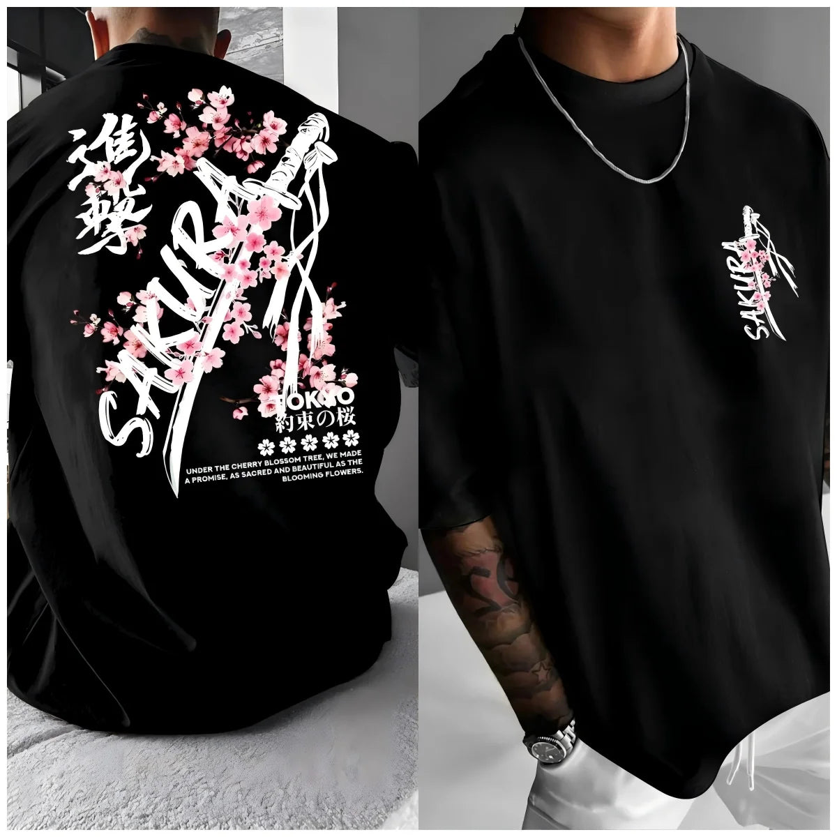 Fashionable men's summer personalized letter cherry blossom print soft and breathable round neck T-shirt outdoor festival street