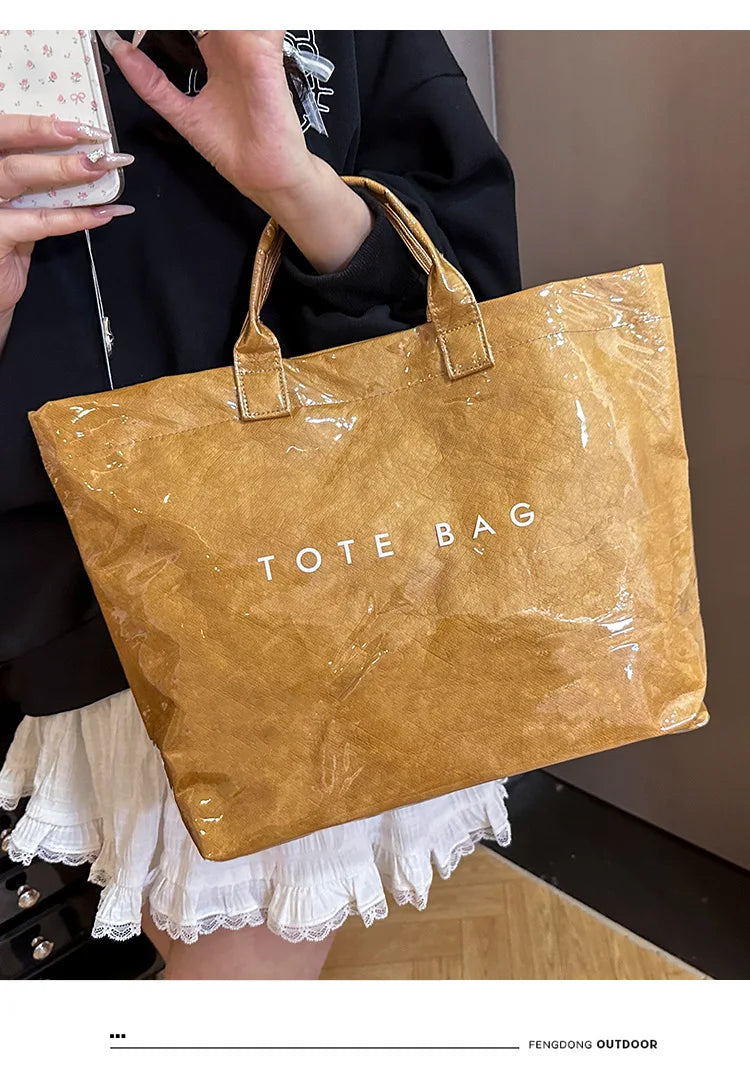 Retro tote bag waterproof DuPont paper shoulder bag fashionable commuting large capacity kraft paper handbag