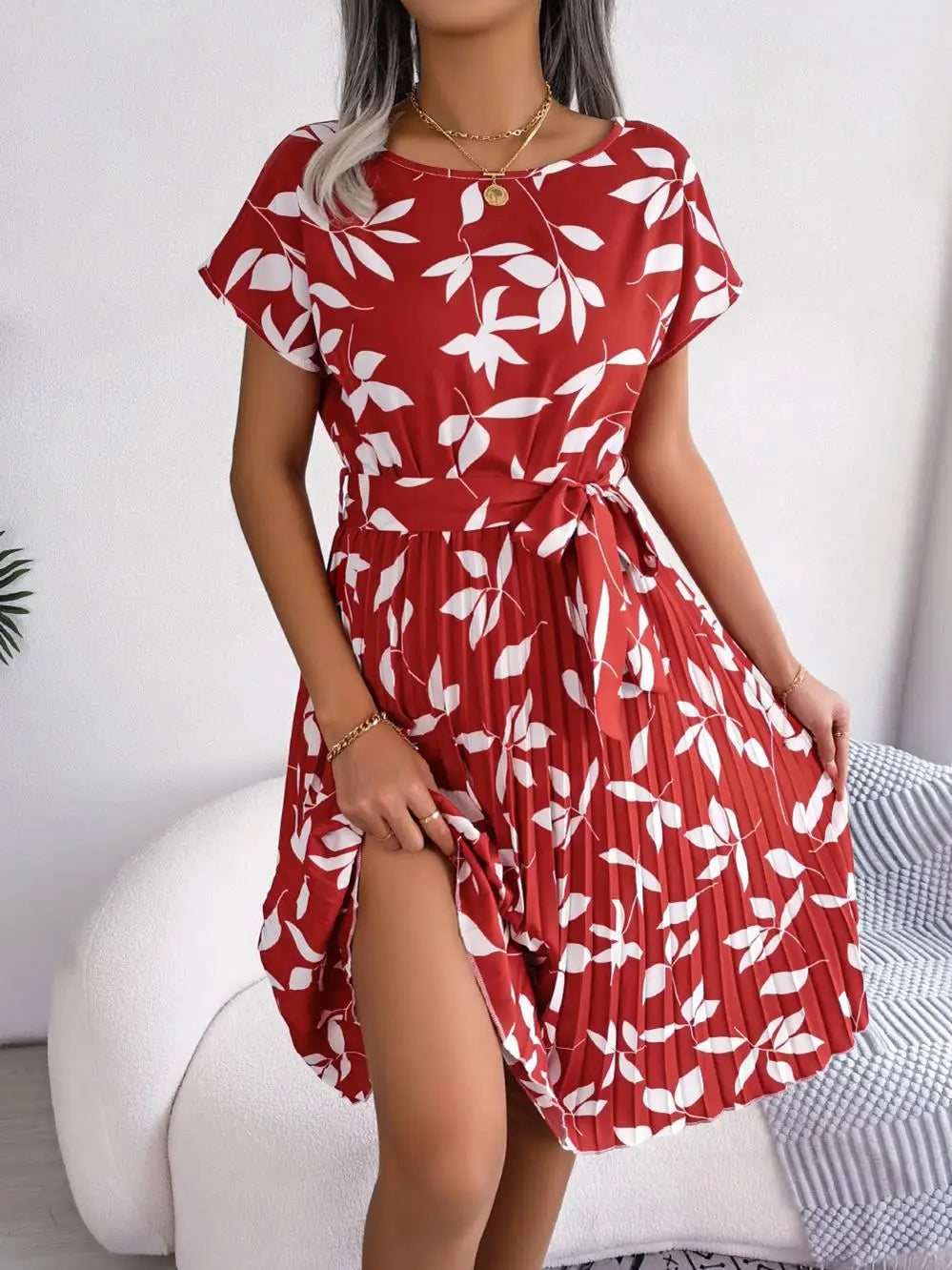 Women's Floral Pleated A Line Long Dress, Short Sleeve, High Waist, Chic, Spring, Summer