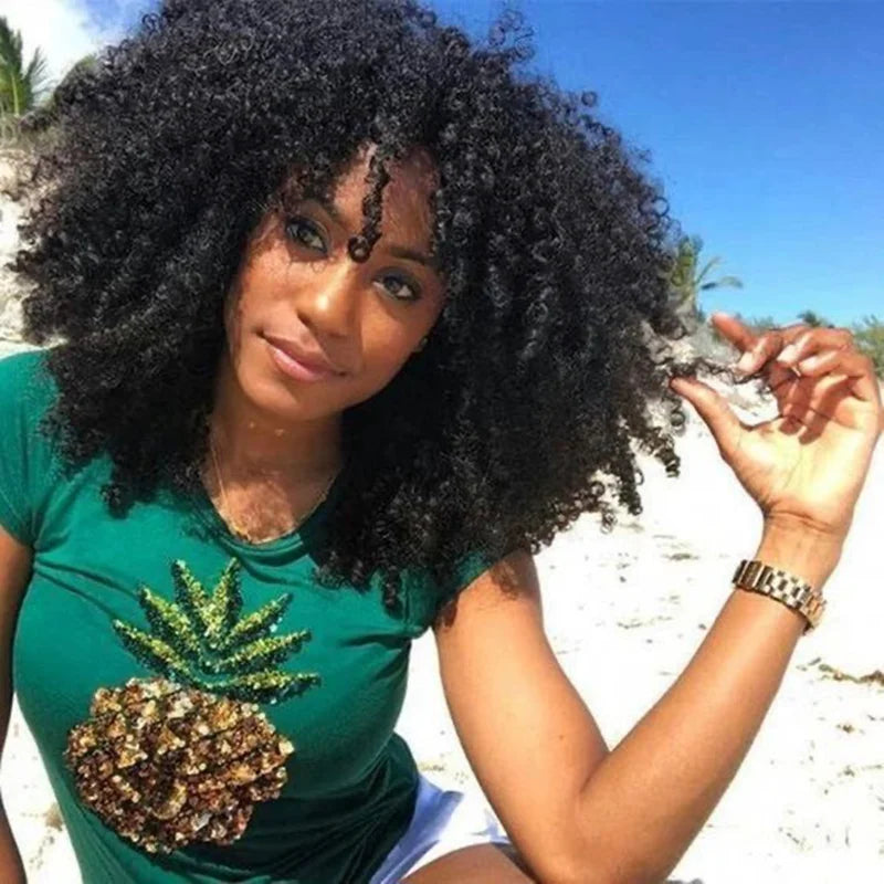 Mongolian Afro Kinky Curly Hunan Hair Wigs With Bangs Full Machine Made Wig 250 Density Remy Brazilian Short Curly Bangs Wig