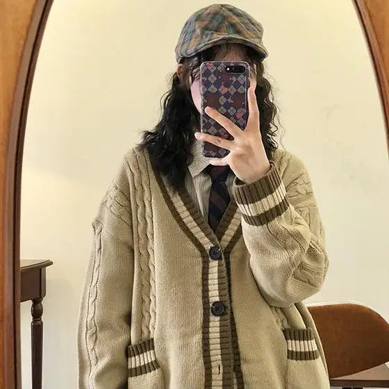 New Preppy Style Japan Cardigan Women Vintage Patchwork Knitted Sweaters Simple Schoolgirls Ulzzang Baggy Fashion All-match Chic
