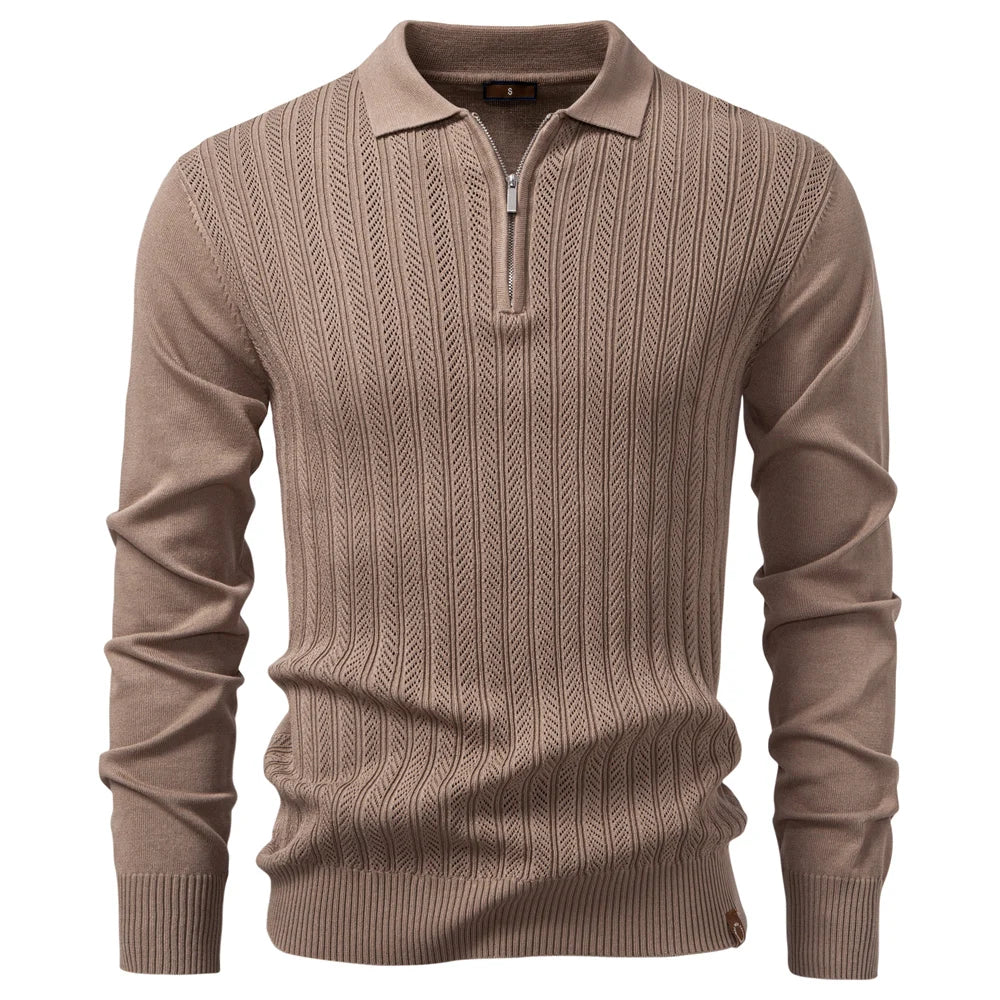 AIOPESON Zip Placket Polo Shirt Men Premium Solid Color Slim Fit Long Sleeve Textured Fabric Business Casual Autumn Winter