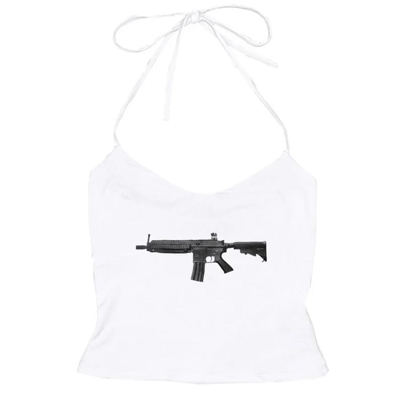 Rock Gothic Y2k Lace Tank Top Gun Harajuku Graphic Print Streetwear Sleeveless Top Punk Retro Sling Spicy Girls Hip Hop Crop top